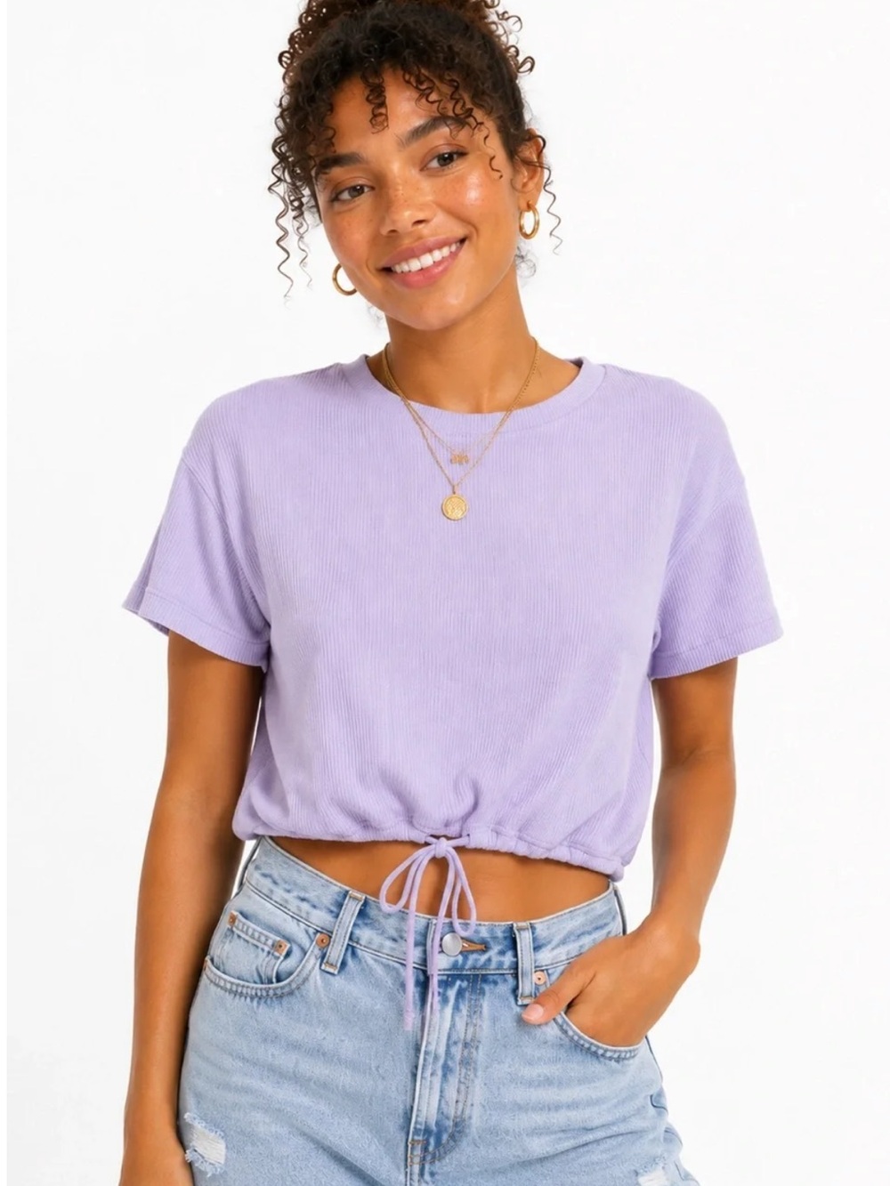 American Eagle Lavender Ribbed Drawstring Crop Top